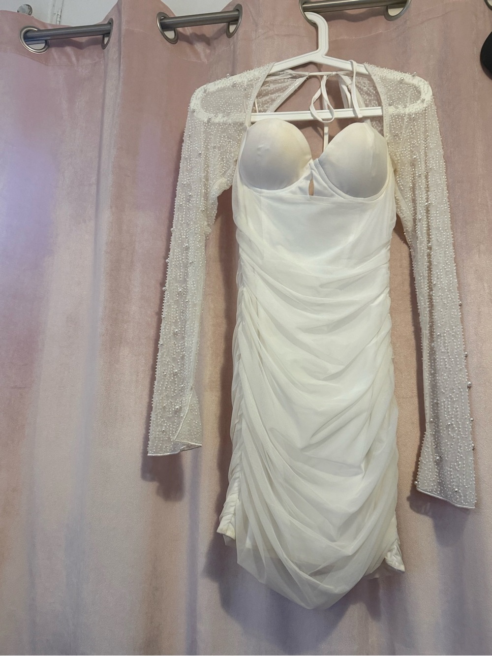The Vintage Shop White Strapless Beaded Sleeve Ruched Cocktail Dress